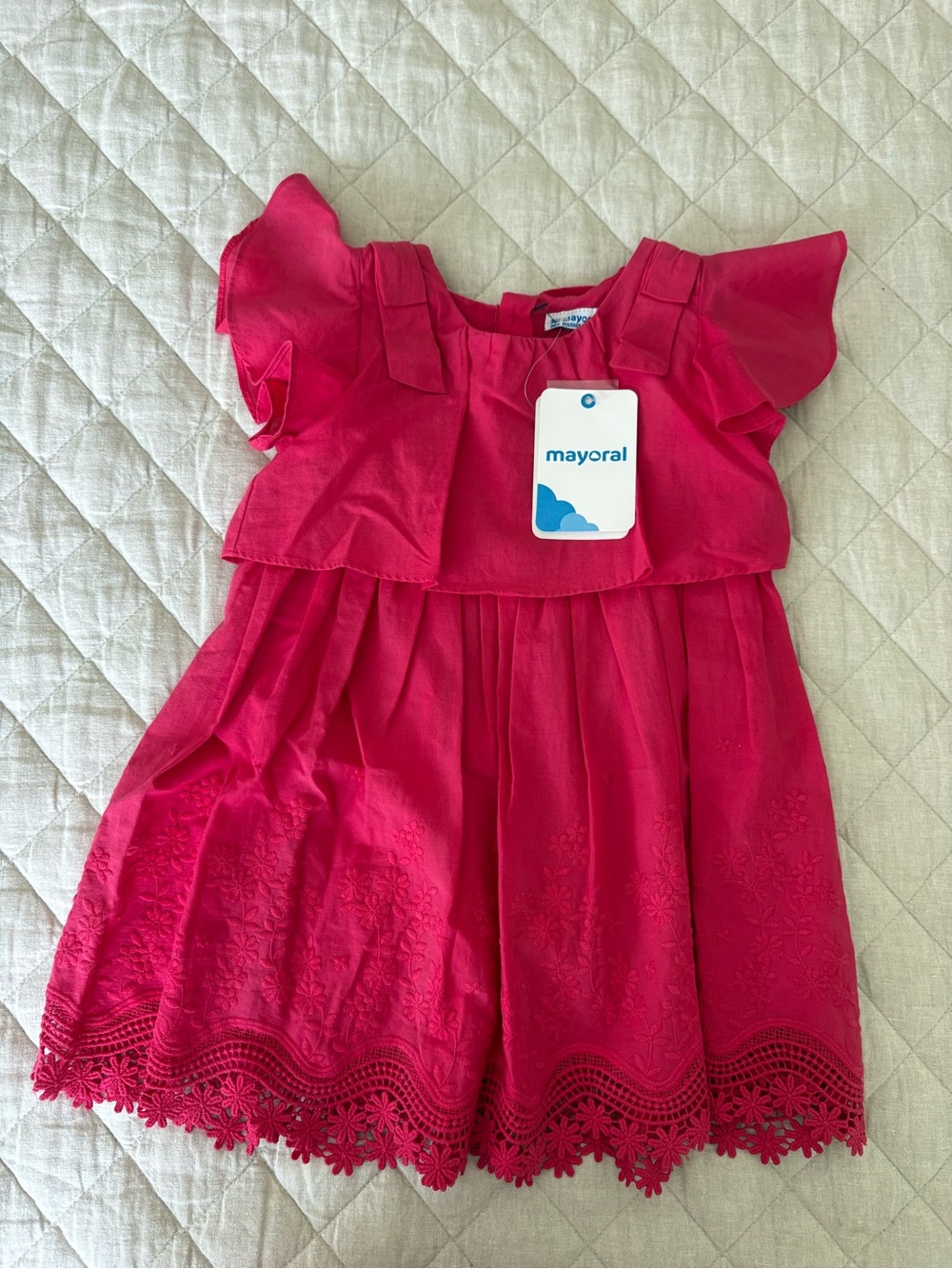 Mayoral Hot Pink Embroidered Flutter-Sleeve Dress
